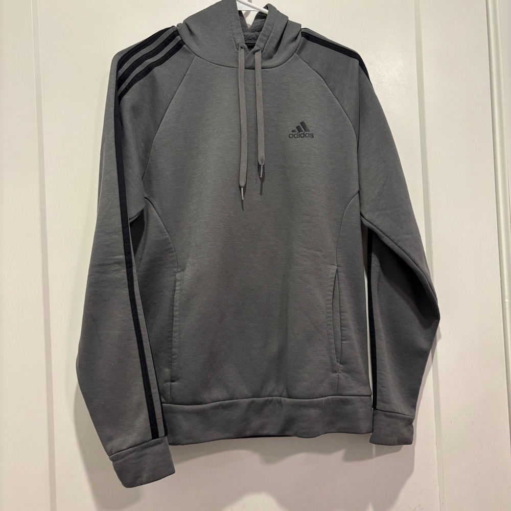 Adidas Primegreen Mens Grey 3-Stripe Fleece Pullover Hoodie Small H40892